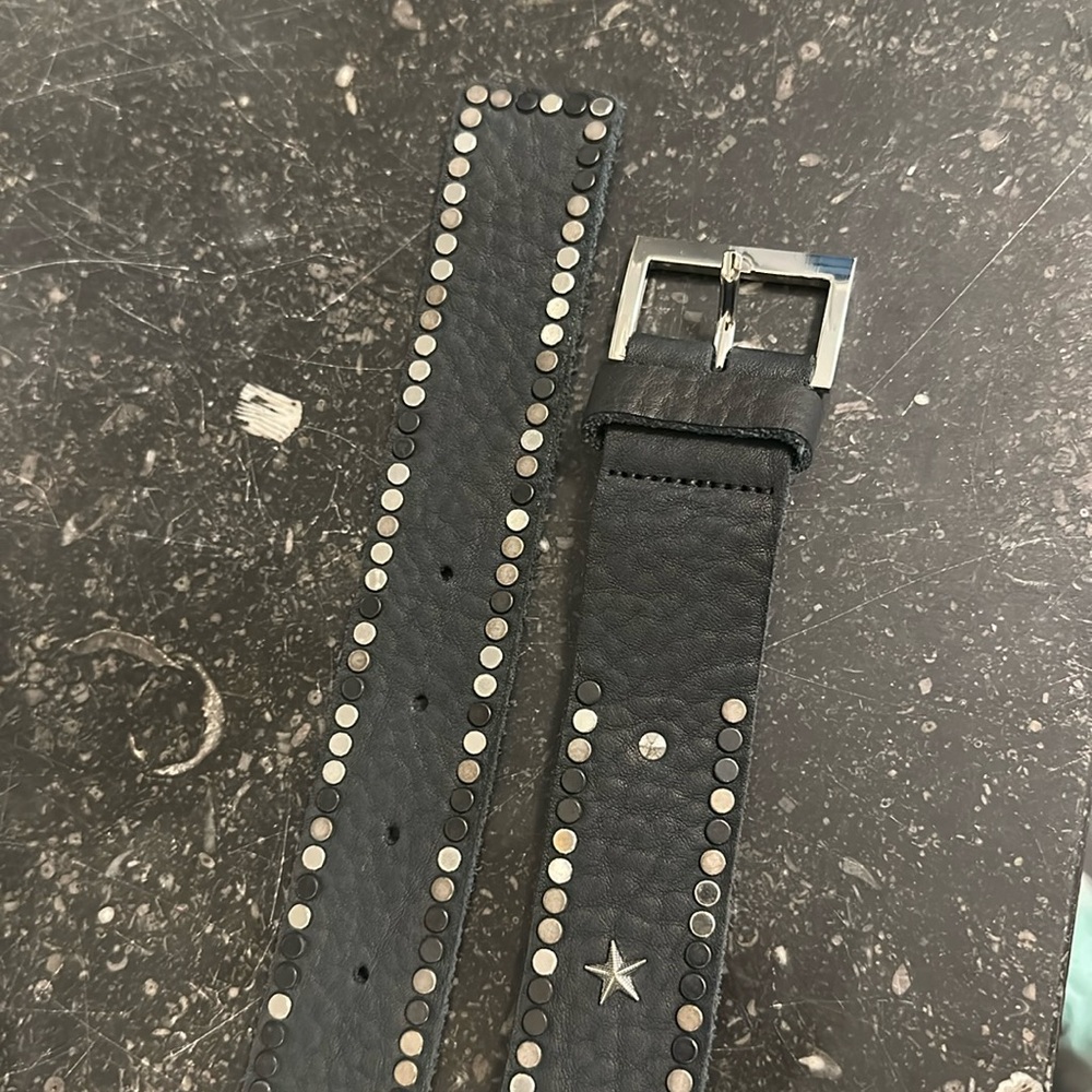 Black Italian leather belt with gold studs and stars